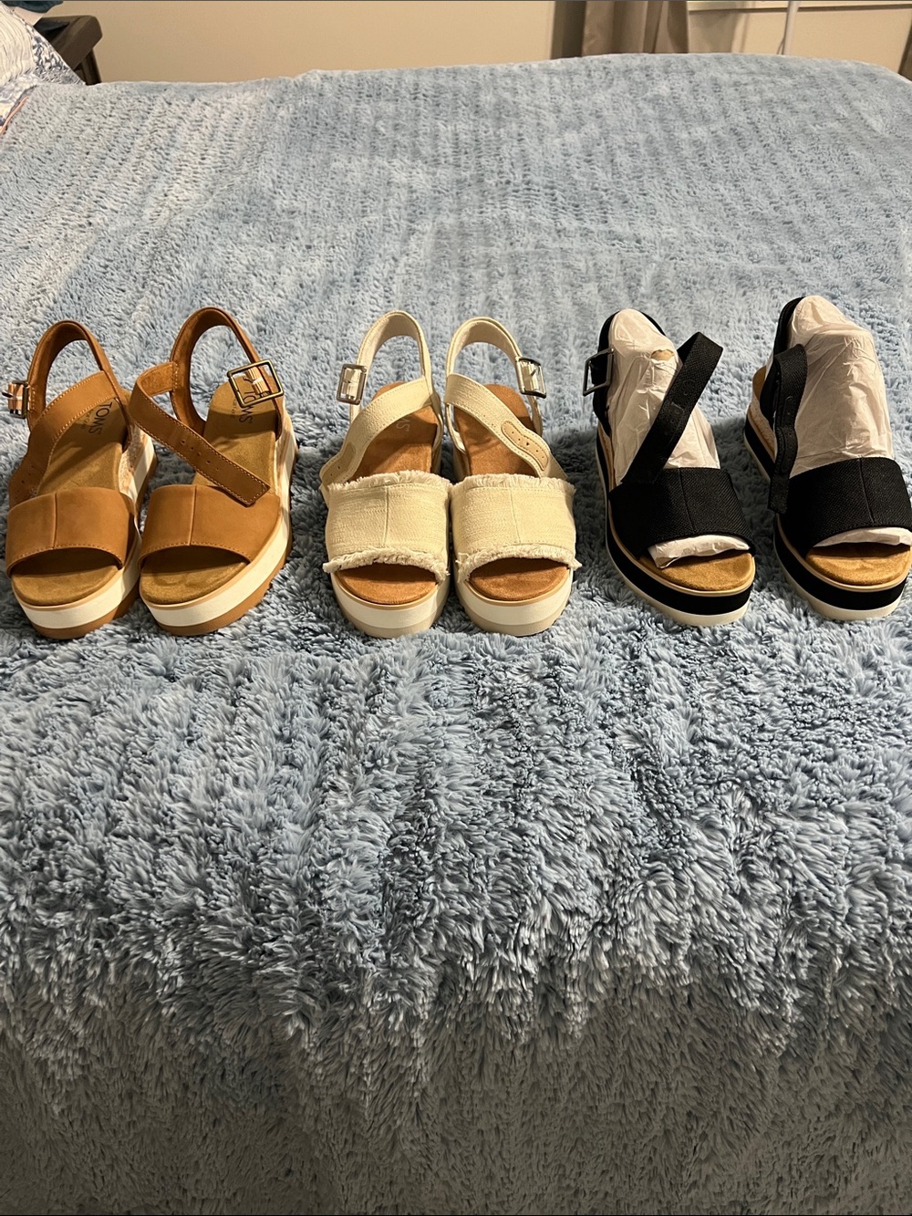 Toms Platform Sandals in Brown, Cream, and Black
